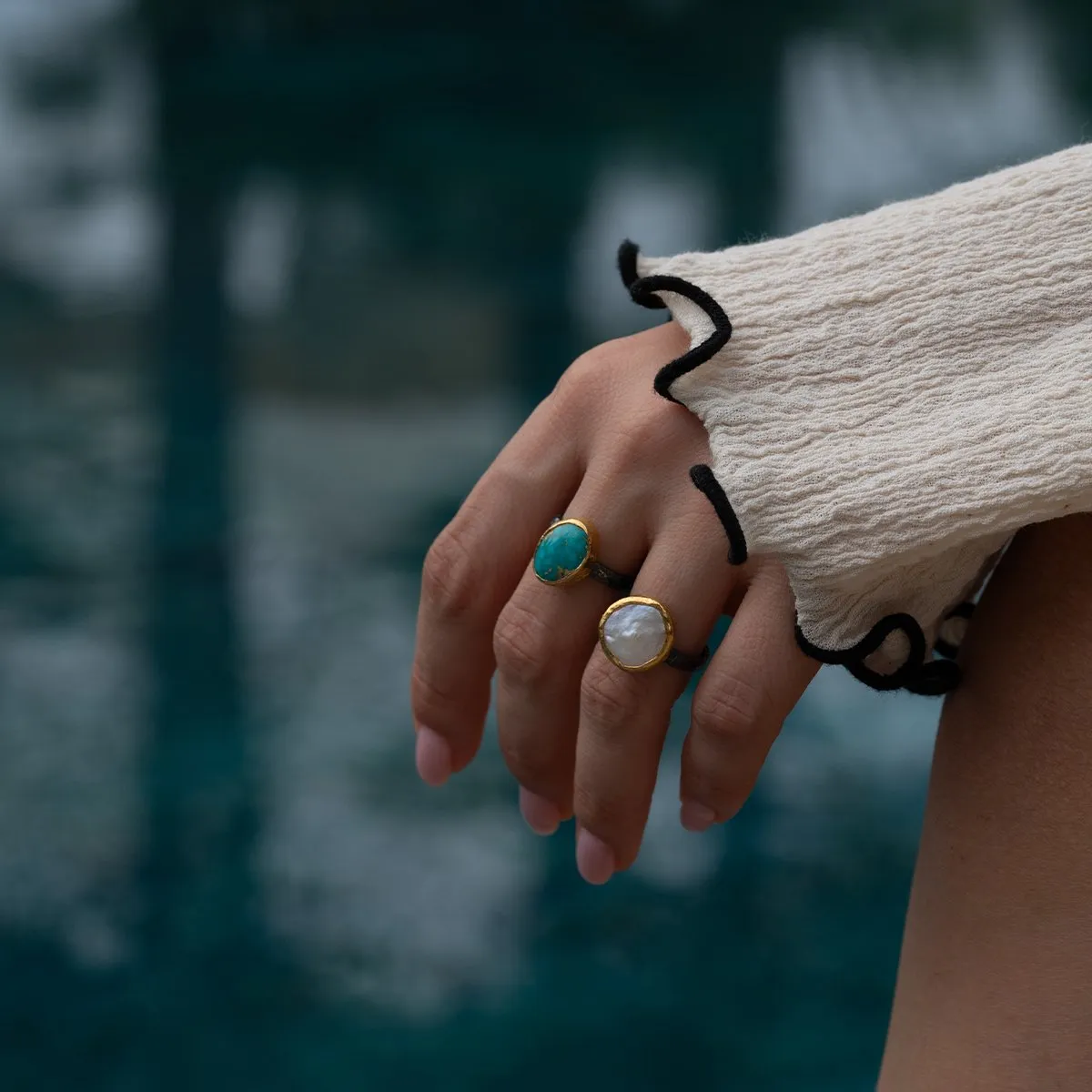 Aqua & Luna Doğal Taş Altın Yüzük Seti